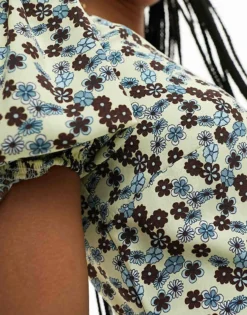 Glamorous Tie Waist V Neck Mini Tea Dress In Butterscotch Retro Ditsy For Women Cream Brown Ditsy -Glamorous Shop 205531000 3