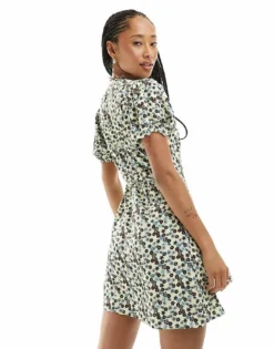 Glamorous Tie Waist V Neck Mini Tea Dress In Butterscotch Retro Ditsy For Women Cream Brown Ditsy -Glamorous Shop 205531000 4