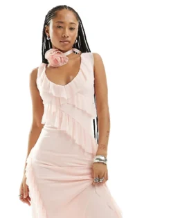 Glamorous Frill Detail V Neck Midi Dress In Soft Pink For Women Pale Pink