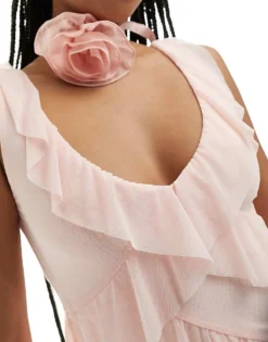 Glamorous Frill Detail V Neck Midi Dress In Soft Pink For Women Pale Pink -Glamorous Shop 205531069 3