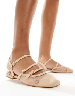 Glamorous Buckle Flat Shoes In Neutral Mesh For Women Nude