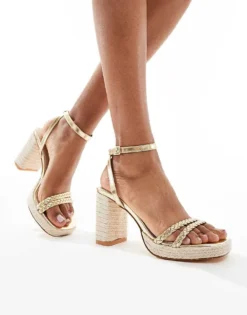 Glamorous Braided Espadrille Heeled Sandals In Gold For Women