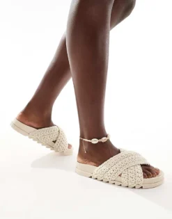 Glamorous Cross Strap Crotchet Slides In Cream For Women -Glamorous Shop 205760634 4