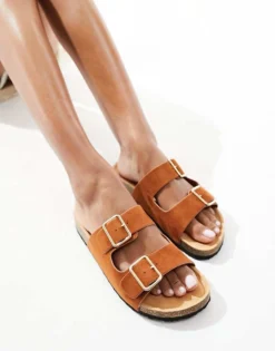 Glamorous Double Strap Footbed Sandals In Tan For Women Tan Brown