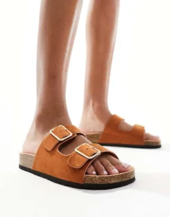 Glamorous Double Strap Footbed Sandals In Tan For Women Tan Brown -Glamorous Shop 205760642 4