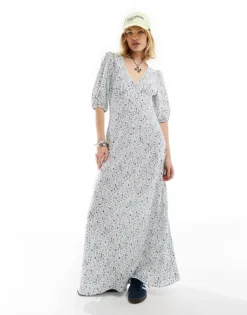 Glamorous V Neck Maxi Tea Dress White Blue Ditsy For Women