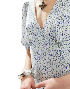 Glamorous V Neck Maxi Tea Dress White Blue Ditsy For Women -Glamorous Shop 205965983 3