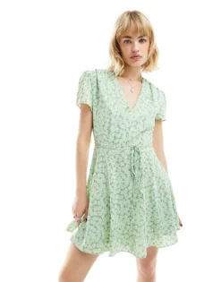 Glamorous V Neck Tie Waist Short Sleeve Mini Tea Dress In Green Daisy For Women -Glamorous Shop 205965996 1 greendaisy 1