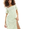 Glamorous Square Neck Midi Tea Dress In Green Ditsy For Women