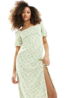 Glamorous Square Neck Midi Tea Dress In Green Ditsy For Women