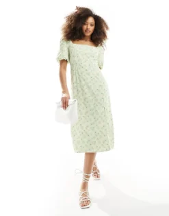 Glamorous Square Neck Midi Tea Dress In Green Ditsy For Women -Glamorous Shop 205966009 4