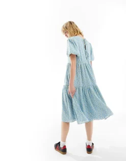 Glamorous Short Sleeve Volume Smock Dress In Blue Yellow Ditsy For Women -Glamorous Shop 205966048 4