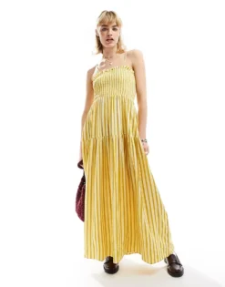 Glamorous Shirred Bust Cami Volume Maxi Smock Dress In Yellow Stripe For Women -Glamorous Shop 205996725 1 yellowstripe 1