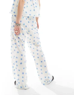 Glamorous Tie Waist Wide Leg Relaxed Trousers In Blue Ditsy Co-ord For Women White Blue Ditsy -Glamorous Shop 205996726 5