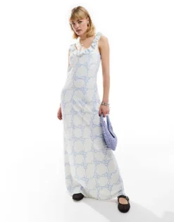 Glamorous Scoop Frill Neck Maxi Dress In White With Blue Ribbon Print For Women