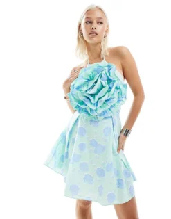 Glamorous Halter Neck Mini Dress With Oversized Flower Front In Mint Blue Floral For Women