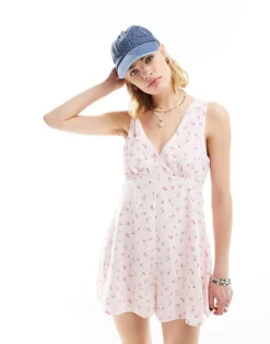 Glamorous V Neck Swing Playsuit In Cream Red Ditsy For Women Cream Floral -Glamorous Shop 205996804 1 creamfloral 1