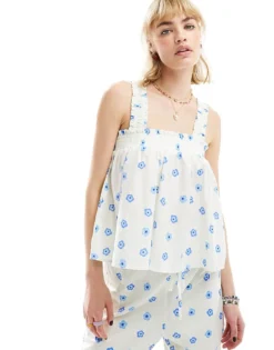 Glamorous Cami Smock Top In Blue Ditsy Co-ord For Women White Blue Ditsy