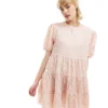 Glamorous Short Sleeve Pleated Smock Dress In Seersucker Pink Check For Women