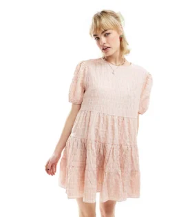 Glamorous Short Sleeve Pleated Smock Dress In Seersucker Pink Check For Women