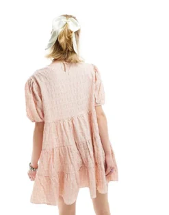 Glamorous Short Sleeve Pleated Smock Dress In Seersucker Pink Check For Women -Glamorous Shop 205996852 3