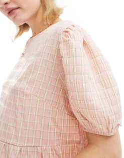 Glamorous Short Sleeve Pleated Smock Dress In Seersucker Pink Check For Women -Glamorous Shop 205996852 4
