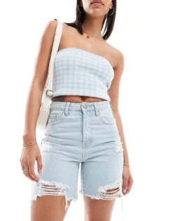 Glamorous High Waisted Longer Line Denim Shorts In 90s Blue For Women Light Blue