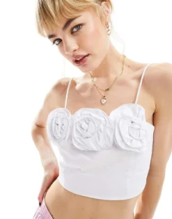 Glamorous Strappy Cami Crop Top With Corsage Rosette Detail In White For Women -Glamorous Shop 205996912 1 white 1