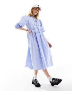 Glamorous Tie Front Midi Smock Dress In Micro Blue Stripe For Women Powder Blue -Glamorous Shop 206112958 1 powderblue 1