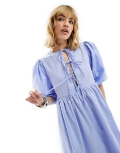 Glamorous Tie Front Midi Smock Dress In Micro Blue Stripe For Women Powder Blue -Glamorous Shop 206112958 3