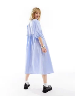 Glamorous Tie Front Midi Smock Dress In Micro Blue Stripe For Women Powder Blue -Glamorous Shop 206112958 4