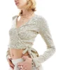Glamorous Long Sleeve Wrap Cardigan In Stretch Cream Stripe For Women Cream Black Stripe