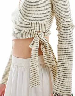 Glamorous Long Sleeve Wrap Cardigan In Stretch Cream Stripe For Women Cream Black Stripe -Glamorous Shop 206113015 4