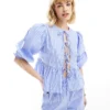 Glamorous Tie Front Volume Smock Top In Blue White Stripe Co-ord For Women Blue Stripe