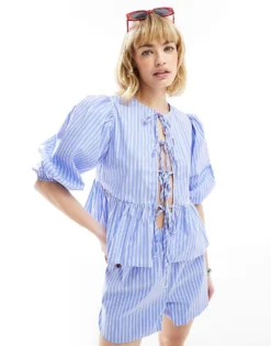 Glamorous Tie Front Volume Smock Top In Blue White Stripe Co-ord For Women Blue Stripe