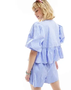 Glamorous Tie Front Volume Smock Top In Blue White Stripe Co-ord For Women Blue Stripe -Glamorous Shop 206113028 3