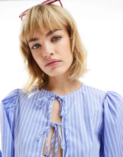 Glamorous Tie Front Volume Smock Top In Blue White Stripe Co-ord For Women Blue Stripe -Glamorous Shop 206113028 4