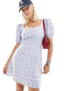 Glamorous Square Neck Puff Sleeve Mini Dress In Vintage Blue Ditsy For Women White Blue Ditsy -Glamorous Shop 206113041 1 whiteblueditsy 1