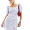 Glamorous Square Neck Puff Sleeve Mini Dress In Vintage Blue Ditsy For Women White Blue Ditsy
