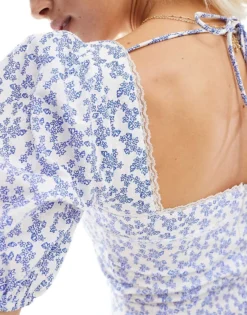 Glamorous Square Neck Puff Sleeve Mini Dress In Vintage Blue Ditsy For Women White Blue Ditsy -Glamorous Shop 206113041 3