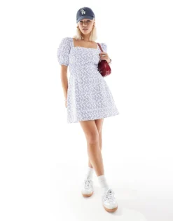 Glamorous Square Neck Puff Sleeve Mini Dress In Vintage Blue Ditsy For Women White Blue Ditsy -Glamorous Shop 206113041 4