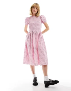 Glamorous Drop Waist Shirred Midi Dress In Pink Red Stripe For Women