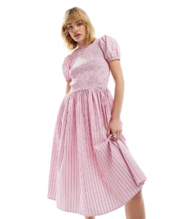 Glamorous Drop Waist Shirred Midi Dress In Pink Red Stripe For Women -Glamorous Shop 206113063 3