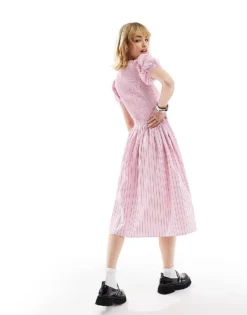 Glamorous Drop Waist Shirred Midi Dress In Pink Red Stripe For Women -Glamorous Shop 206113063 4