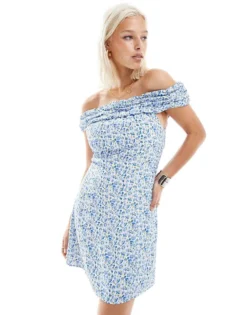 Glamorous Ruffle Off Shoulder Structured Mini Dress In Blue Floral For Women Blue Vintage Floral -Glamorous Shop 206113072 1 bluevintagefloral 1