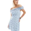 Glamorous Ruffle Off Shoulder Structured Mini Dress In Blue Floral For Women Blue Vintage Floral
