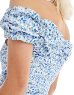 Glamorous Ruffle Off Shoulder Structured Mini Dress In Blue Floral For Women Blue Vintage Floral -Glamorous Shop 206113072 3
