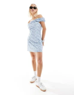 Glamorous Ruffle Off Shoulder Structured Mini Dress In Blue Floral For Women Blue Vintage Floral -Glamorous Shop 206113072 4