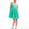 Glamorous Bandeau Volume Mini Smock Dress In Turquoise Green For Women Bright Green