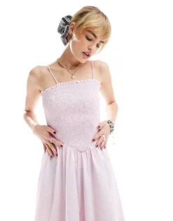 Glamorous Shirred Bust Midi Volume Dress In Baby Pink For Women Pink Poplin